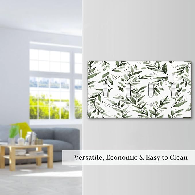 Green Leaf Olive Leaf Sage Floral Light Switch Covers Quad Toggle Electrical Faceplate 4 Gang Wall Plate Decorative Switch Plates Cover for Bedroom Living Room Decor
