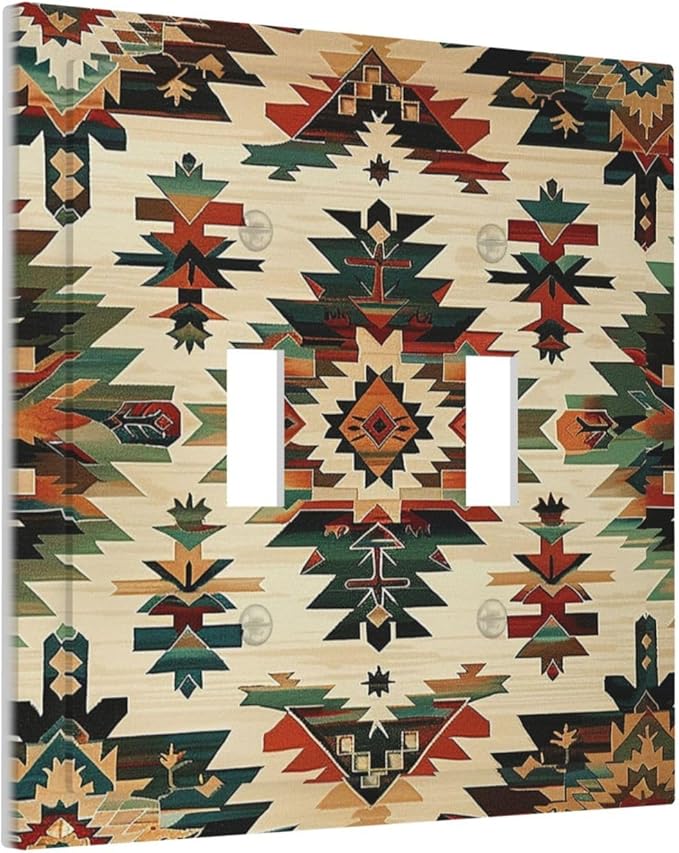 Decorative Switch Plates Southwest Rustic American Indian Aztec Boho 2 Gang Double Toggle Outlet Light Switch Cover Wall Plate Electrical Faceplate for Bed Room living Room Decor