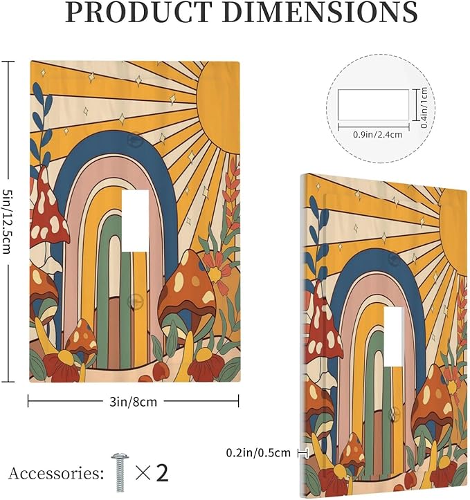 Decorative Light Switch Cover Mushroom Hippie Sun Rainbow Vintage Floral Funky Boho 1 Gang Single Toggle Decorator Outlet Wall Plate Device Electrical Faceplate Switchplates for Bedroom