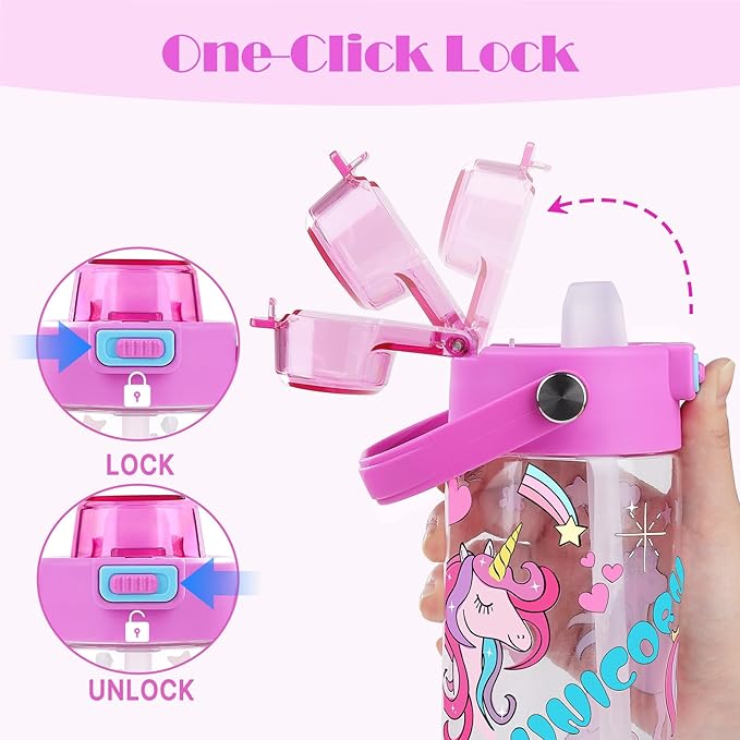 Queenshin Girls Unicorn Water Bottle for School 20oz BPA-Free Tritan Outdoor Kids Sports Water Cup Leak Proof with Straw Lid Handle Pop-Up Spout Cover