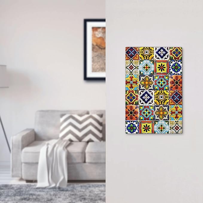 Kitchen Mosaic Moroccan Mexican Mexico Boho Talavera Floral Ceramic Tile Stone Bricks 1-Gang No Device Blank Wallplate Jumbo Size Unused Outlet and Light Switch Cover Decorative Plug Face Plate Cover