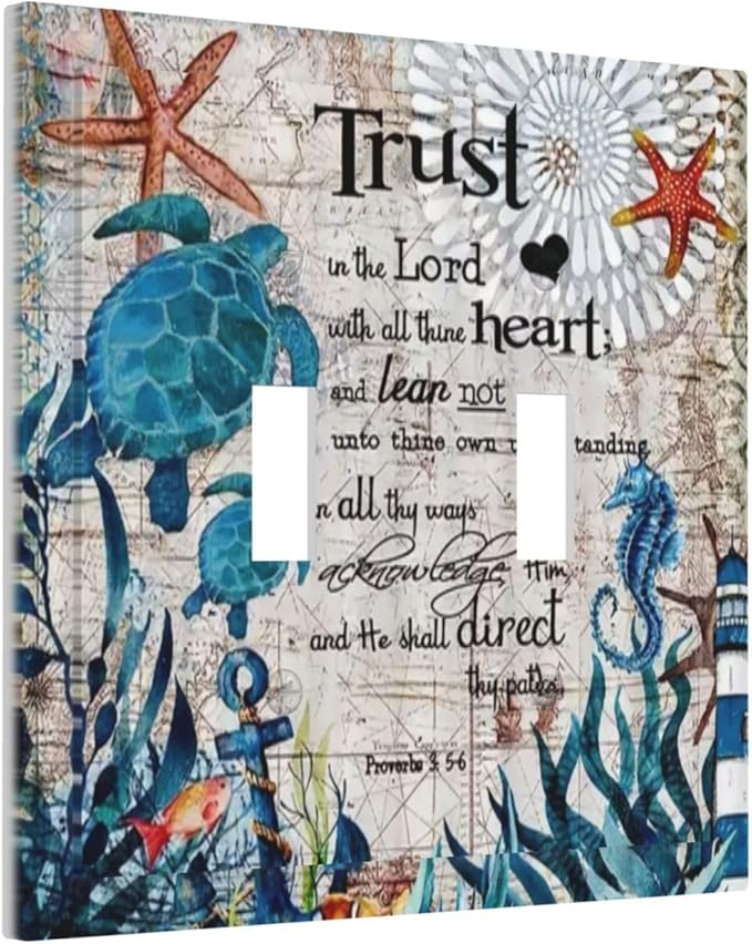 Inspirational Quote Turqoise Teal Blue Sea Ocean Turtle Nautical Map Beach Coral Reef Lighthouse 2 Gang Double Toggle Outlet Light Switch Wall Plate Outlet Cover Decorative Dual Electrical Faceplate