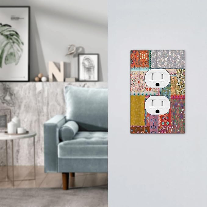 Outlet Covers Boho Patchwork Bohemian Stitching Colorful Floral 1 Gang Duplex Light Switch Cover Plate Decorative Wall Plates Electrical Switchplate Receptacle Cover for Bathroom Home Decor