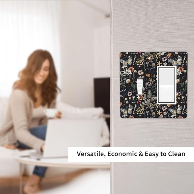 Vintage Flower Leaves 2 Gang Toggle Rocker Light Switch Cover Decorative Cute Bees Combin Wall Plates Dark Backgrounds Art Panel Butterfly Dimmer Decor for Bedroom Kitchen Bathroom
