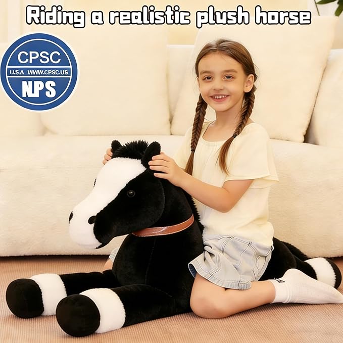 Tezituor 47inches Giant Black Horse Stuffed Animals, 4ft Realistic Large Stuffed Pony for Boys Girls, Soft Horse Plush Body Pillow Christmas Birthday Gift Decor for Kids Adult