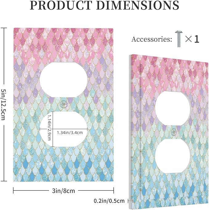 Colorful Mermaid Scales 1 Gang Outlet Plate Covers Decorative Single Duplex Wall Plate Electrical Receptacle Light Switch Cover Art Faceplate Switchplate for Girls Bedroom Nursery Living Room Decor