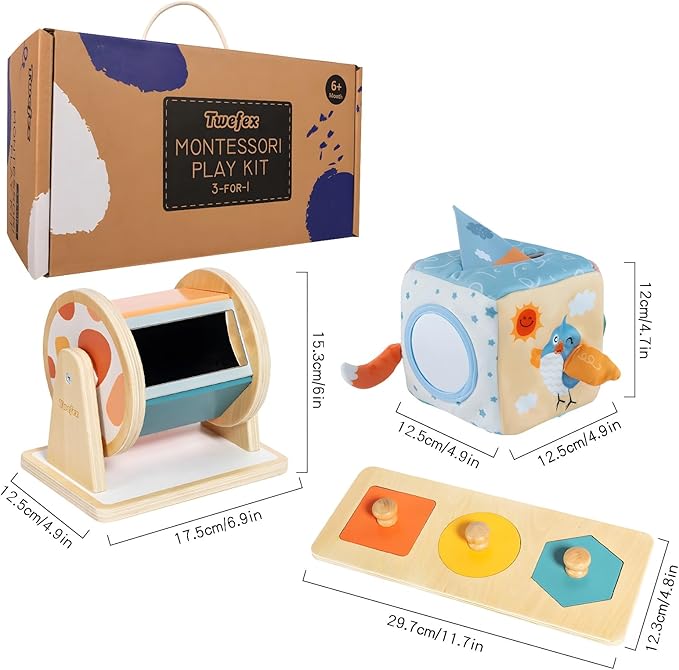 Twefex Montessori Toys for Babies 6-12 Months - 3 in 1 Baby Toys Play Kit - Medium Spinning Drum - Baby Tissue Box Toy - Peekaboo Knob Puzzle with Cards - Learning Educational Toy for Boys and Girls
