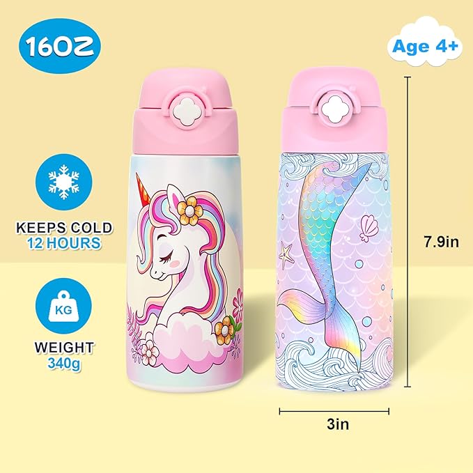 Girls Insulated Water Bottle with Covered Pop-Up Straw,16 oz Kids Cups with Stainless Steel Leak Proof for School（2 pack,Unicorn+Mermaid）