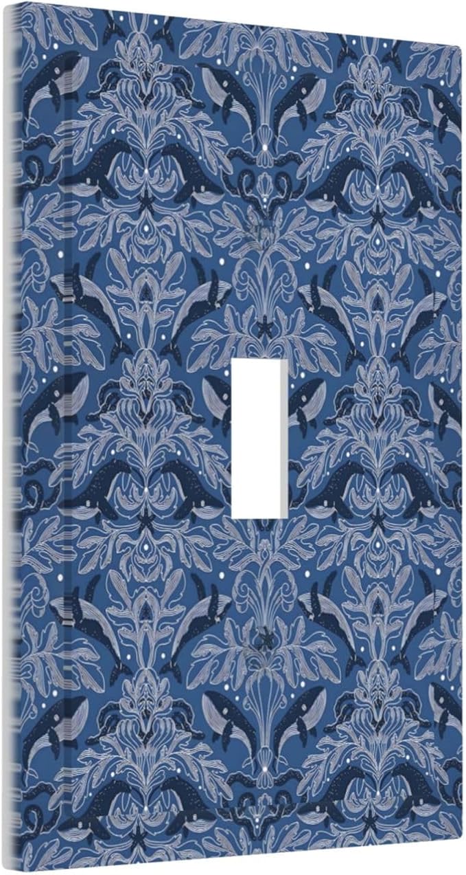 Blue Modern Nautical Art Whale Fish Ocean Damascus Decorative Light Switch Cover 1 Gang Single Toggle Device Electrical Faceplate Switchplates Decorator Outlet Wall Plate for Bedroom Living Room Decor