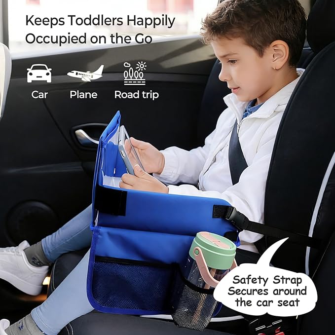 Travel Tray for Kids, Carseat Table Tray for Road Trip Activities, Toddler Lap Desk Organizer for Airplane - Blue