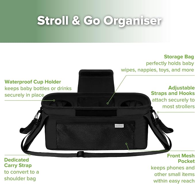 haakaa Stroll & Go Organiser - 2 Cup Holders - Black, Ultimate Stroller Organizer Universal Fit with Adjustable Non-Slip Straps & Hooks, Stroller Caddy Accessories with Shoulder Strap