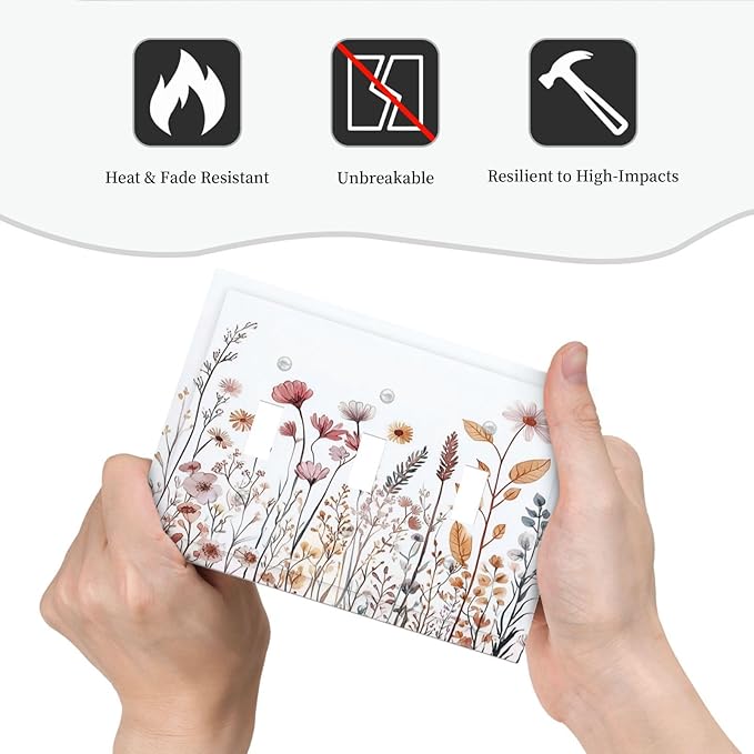 Decorative Switch Plates Spring Floral Pink Wildflower Leaves Plants 3 Gang Wall Plate Triple Toggle Light Switch Cover Faceplate Electrical Wall Panels For Home Bed Room Decor