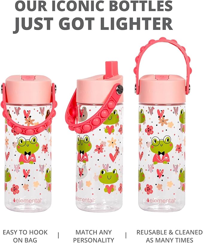 Elemental Leak Proof Water Bottles for Kids - Splash Kids Water Bottle for School with Pop-it Handle - Tritan Plastic Water Bottle with Straw - Fancy Frog Clear & Rose - 18oz (2 Pack)