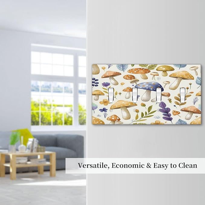 Boho Watercolor Mushroom Flowers Leaf Colorful Floral Light Switch Covers Quad Toggle Electrical Faceplate 4 Gang Wall Plate Decorative Switch Plates Cover for Kids Room Nursery Decor