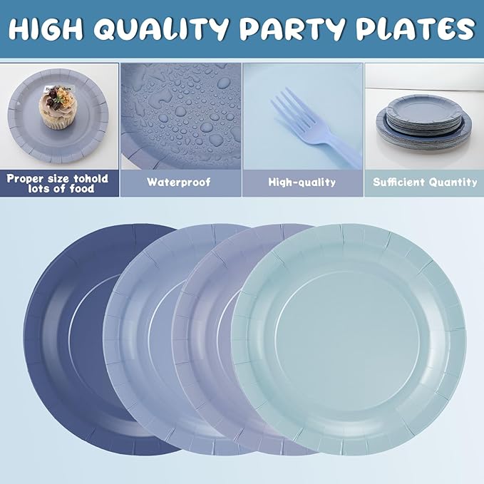 FoldTier 96 Pcs Dusty Blue Gradient Tableware Sets for 24 Guests Include 9 '' and 7'' Paper Party Plates Disposable Cocktail Napkins Plastic Forks Dinnerware for Birthday Wedding Tea Party Baby Shower