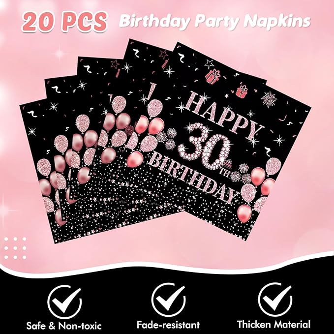 62Pcs 30th Birthday Decorations for Girls Her, Rose Gold Birthday Party Supplies Include 20 7''Plates 20 9'' Plates 20 Napkins and 2 Tablecloth, Rose Gold Princess Party Tableware for 20 Guests