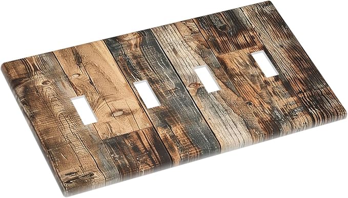 Light Switch Covers Rustic Brown Wood Pattern Splice Plank Quad Toggle Electrical Faceplate 4 Gang Wall Plate Decorative Switch Plates For Farmhouse Cabin Decor
