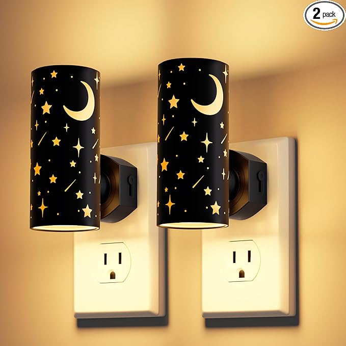 LED Night Lights Plug into Wall, 2-Pack 3000K Bright Plug in Nightlight, Dusk-to-Dawn Sensor, Dimmable 0-100LM, Auto-On/Off, Home Decor for Kids Room, Bathroom, Hallway, Bedroom, Black Stars