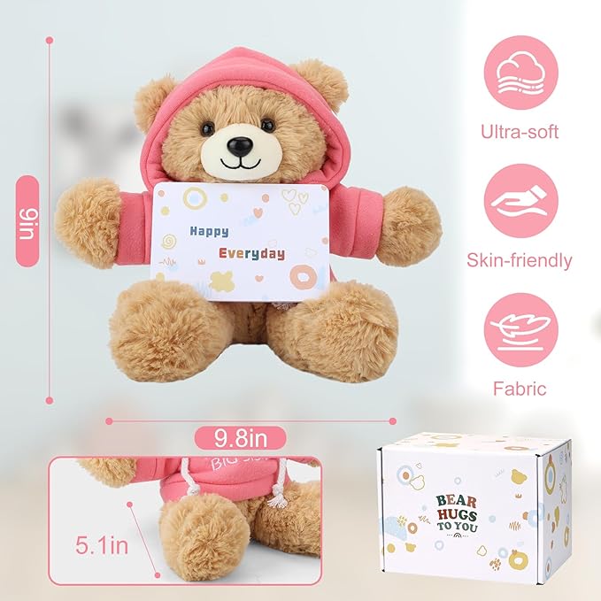 Osacoe “I’m The Big Sister” Teddy Bear Stuffed Animal with Gift Box Removable Pink Hoodie Bracelet, Big Sister Gifts for Girls Who Promoted to Big Sister with Beautiful Greeting Card