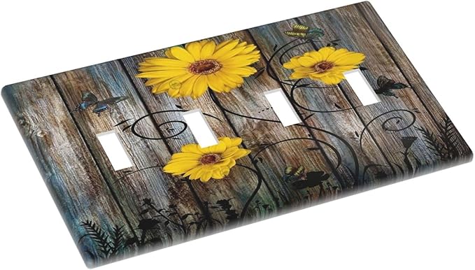 Rustic Barn Sunflower Wooden Daisy Flower Plank Light Switch Covers Quad Toggle Electrical Faceplate 4 Gang Wall Plate Decorative Switch Plates for Farmhouse Home Decor