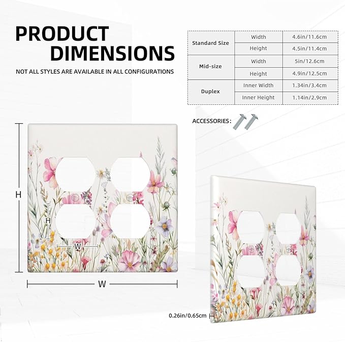 Pink Floral Wild Flowers Watercolor Plants Outlet Covers 2 Gang Double Duplex Decorative Light Switch Covers Electrical Wallplates Socket Faceplate for Bedroom Living Room Decor