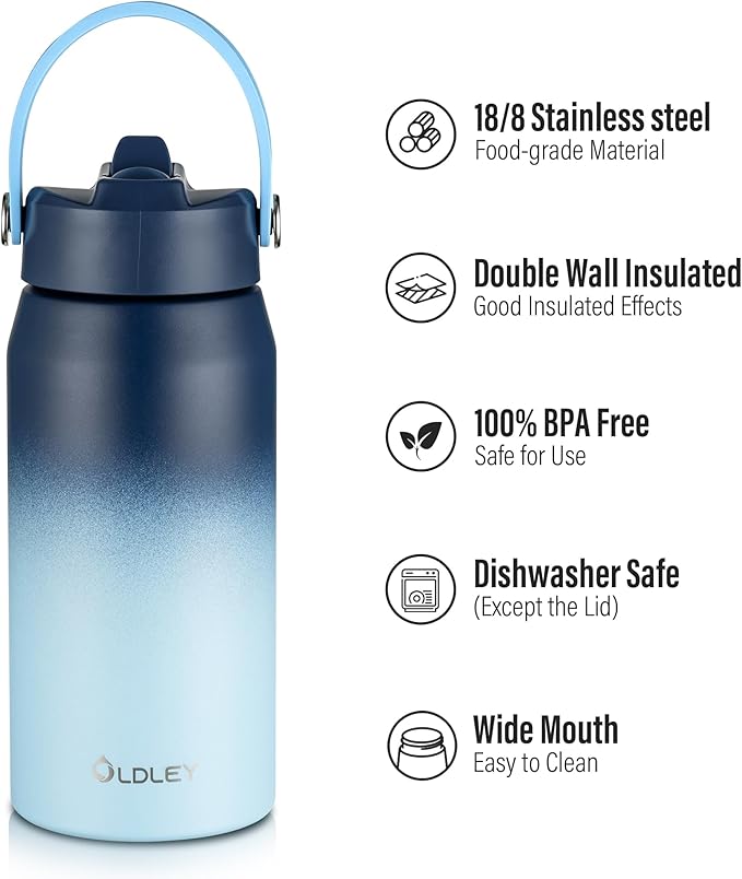 Oldley 18oz Insulated Water Bottle with Straw, Stainless Steel Water Bottle for Sports, Travel, School, BPA-Free Sports Bottles for Adult Kids, Leak-Proof, Blue Gradient
