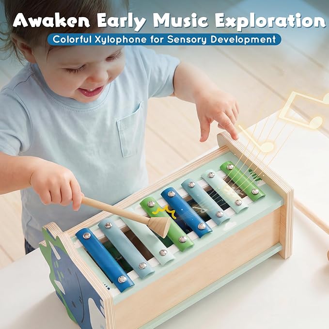 Lehoo Castle Baby Montessori Toys for 1 2 Year Old, Wooden Hammering Pounding Toy with Xylophone, Educational Learning Activities for 1 2 3 Year Old Boys First Christmas Birthday Gifts - Dinosaur