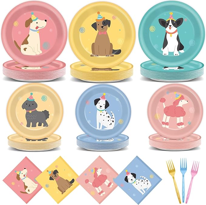 96Pcs Pet Dog Birthday Party Supplies Retro Puppy Themed Paper Plates Napkins Vintage Puppy Face Party Tableware Disposable Pet Dinnerware Decoration Set for Kids Birthday Baby Shower Table Decor