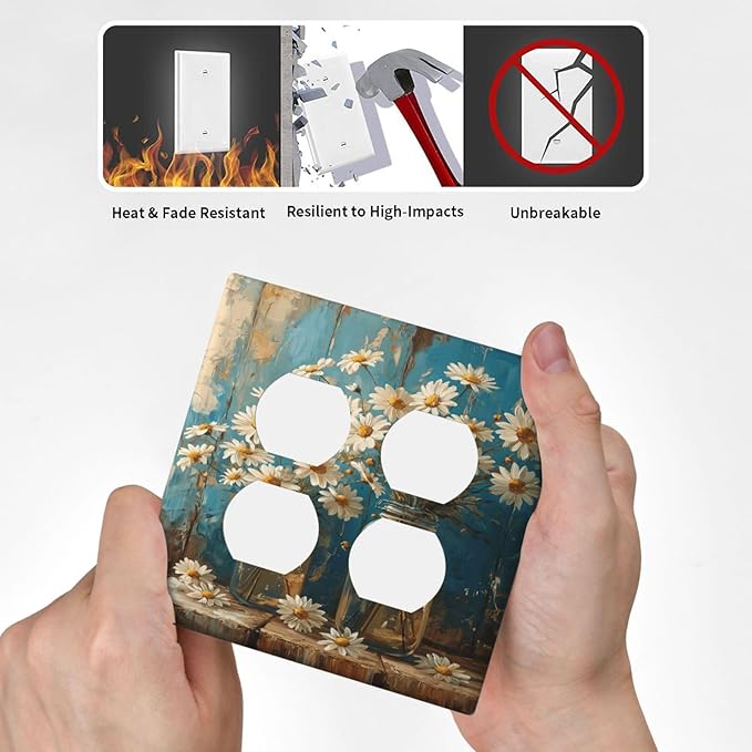 Delicate White Daisy Jars Retro Wood Background Outlet Covers 2 Gang Double Duplex Decorative Light Switch Covers Electrical Wallplates Socket Faceplate for Farmhouse Home Decor