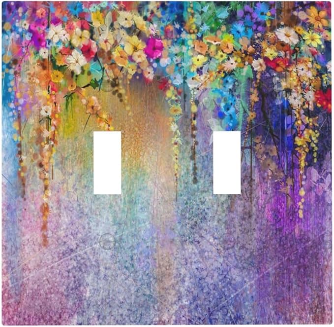 Colorful Floral Watercolor Flower Double Toggle Light Switch Cover Decorative Purple Garden 2 Gang Wall Plate Electrical Faceplate Switchplate for Farmhouse Bathroom Bedroom Living Room Decor