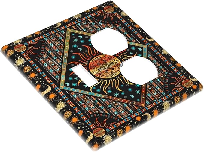 Decorative Outlet Covers Boho Burning Sun Moon Hippie Retro Bohemian Gypsy 2 Gang Wall Plate Double Duplex Light Switch Cover Switch Plate Covers Faceplate for Bedroom Decor
