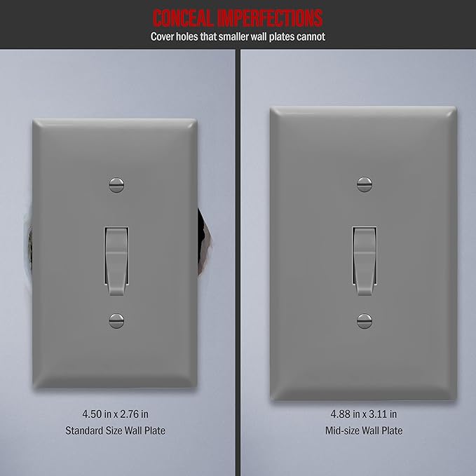 ENERLITES Toggle Light Switch Wall Plate, Gloss Finish, Mid-Size Single Gang 4.88" x 3.11", Unbreakable Polycarbonate Thermoplastic, UL Listed, 8811M-GY, Gray