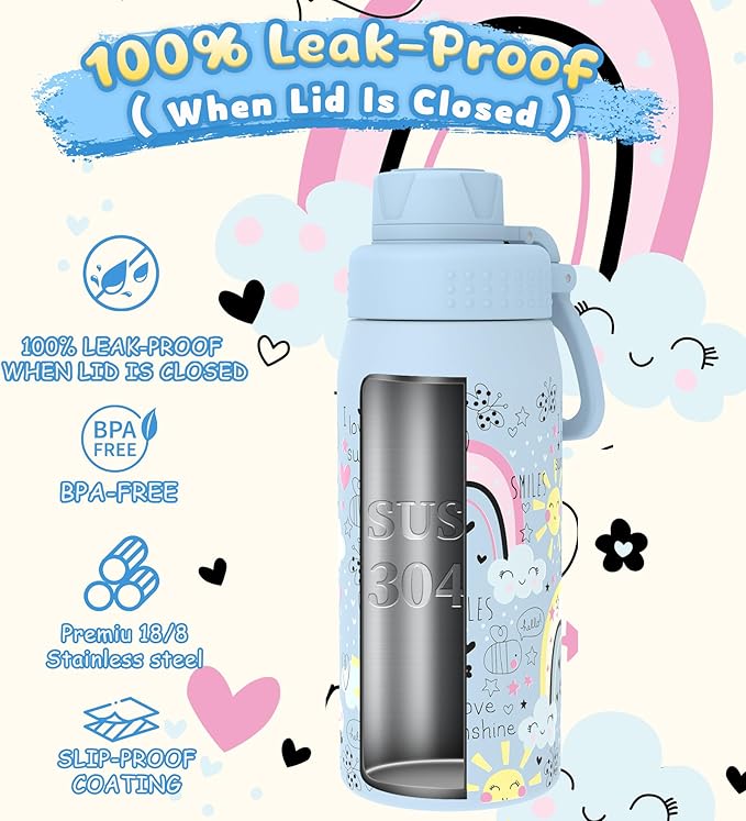 GOPPUS 19oz Kids Water Bottle with Spout Lid, Toddler Water Bottle, Stainless Steel Insulated Water Bottle, Leakproof, BPA Free, Suitable for Boys and Girls for School（Rainbow）