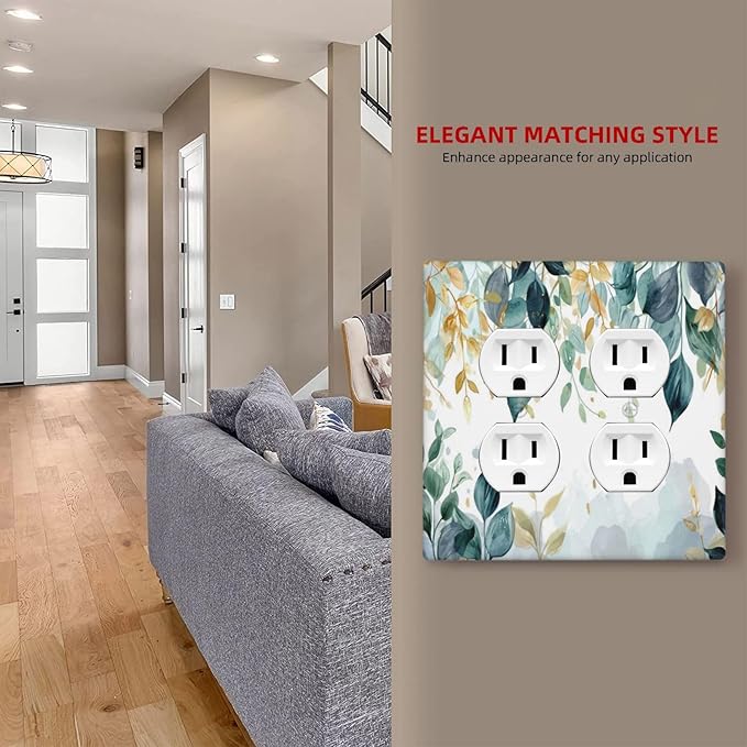 Boho Goldgreen Leaf Botanical Eucalyptus Leaves Outlet Covers 2 Gang Double Duplex Decorative Light Switch Covers Electrical Wallplates Socket Faceplate for Bedroom Living Room Decor