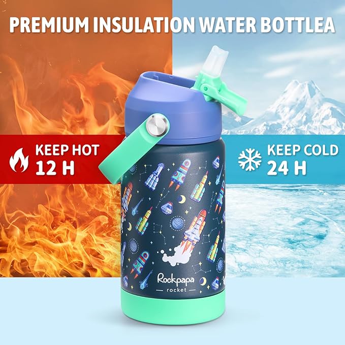 rockpapa 14 oz Kids Insulated Water Bottle，Stainless Steel Toddler Cups with Straws, BPA Free, Leak-Proof, Kids Water Bottle for School Boys& Girls (Blue Rocket)