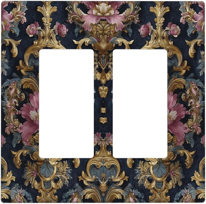 Decorative Outlet Covers Rococo Pink Floral Flower Gold Leaf 2 Gang Light Switch Cover Plate Double Rocker Wall Plates for Electrical Outlets Switch Plate Covers for Bedroom Home Decor