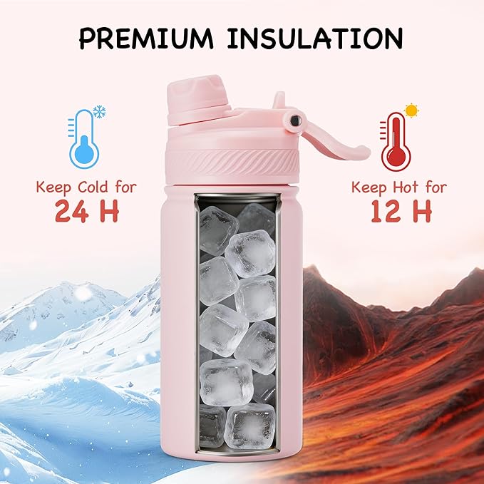 Fijinhom 12 oz Kids Water Bottle, 2-in-1 Stainless Steel Vacuum Insulated Water Bottle for Toddler, Leak Proof Spout & Straw, Double Wall Thermal Flask for Boys&Girls, School, Outdoor, Travel (Pink)