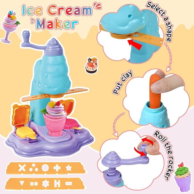 4 in 1 Color Dough Set for Kids 3-5 4-8 Play Kitchen 59Pcs Ice Cream Slime Tools Accessories Kit Playset Noodle Hamburger Maker Food Toy Birthday Gift 3 4 5 6 7 8 Year Old Boys Girls Toys