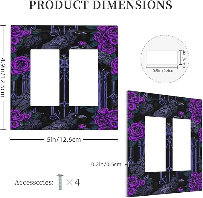 Decorative Outlet Covers Gothic Style Crow Purple Flowers 2 Gang Double GFCI Rocker Electrical Wall Panels Light Switch Cover Plate for Bedroom living Room Decor
