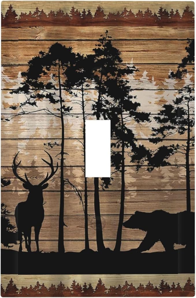 Rustic Mountain Forest Cabin Antler Bear Deer Elk Silhouettes Hunting Country Animal 1 Gang Electrical Single Toggle Device Switch Wall Plate Jumbo Size Decorative Outlet Light Switch Face Plate Cover