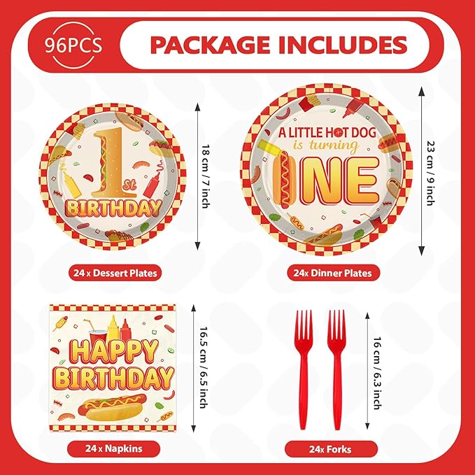96Pcs Hot Dog Party Supplies 1st Birthday Plates and Napkins Fast Food Sausage Hotdogs Disposable Tableware Sets for Kids Boys One Year Old Birthday Baby Shower Party Decorations Serves 24