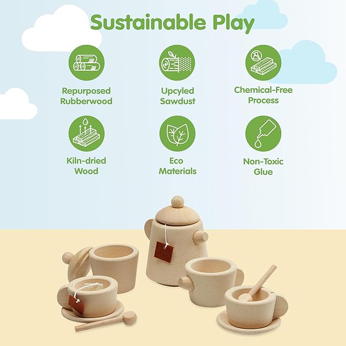 PlanToys® Wooden Tea Set for Montessori Inspired Pretend Play | Social Interaction, Language and Imaginative Role Play | Eco Friendly Wooden Tea Party Set for Creative Learning