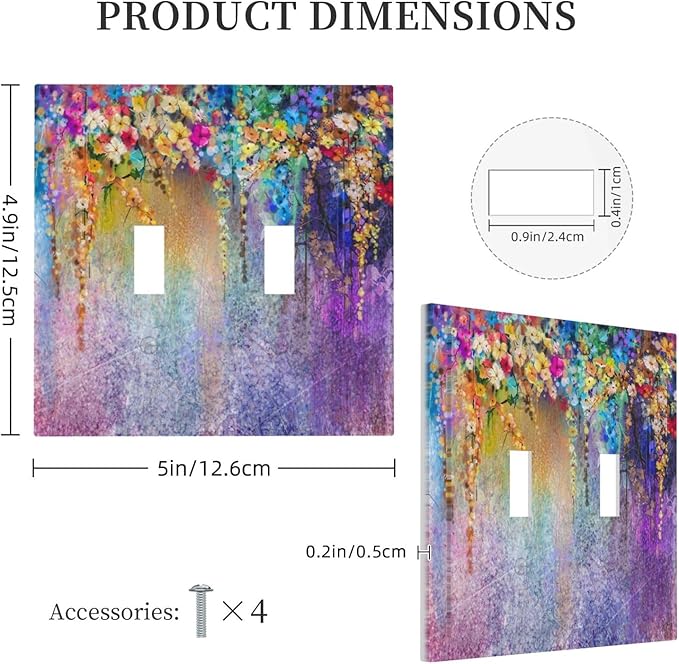 Colorful Floral Watercolor Flower Double Toggle Light Switch Cover Decorative Purple Garden 2 Gang Wall Plate Electrical Faceplate Switchplate for Farmhouse Bathroom Bedroom Living Room Decor