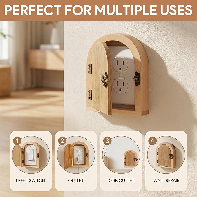 Fairy Door Outlet Cover Plate, No-Drill Decorative Outlet Covers for Pet Proofing, Handmade Wooden Door Style Light Switch Cover, Fits Standard Electrical Outlets, Easy Installation