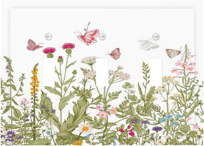 Colorful Butterfly Floral Plants Flower Vine Decorative Switch Plates 3 Gang Wall Plate Triple Toggle Light Switch Cover Faceplate Electrical Wall Panels for Bed Room Living Room Decor