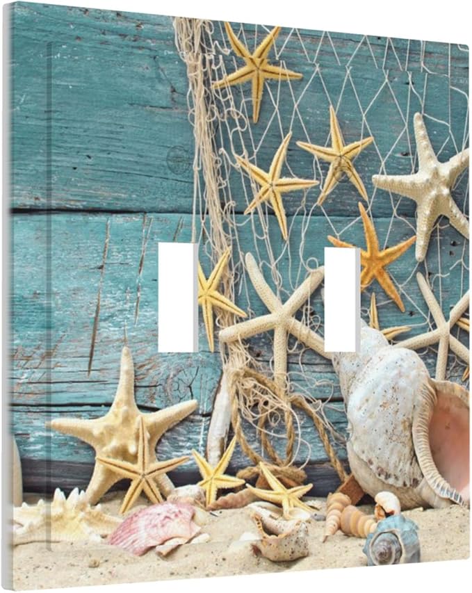 Rustic Coastal Seashell Double Toggle Switch Cover - 2-Gang Standard US Size Fisherman's Catch Beach Scene Light Switch Covers for Bathroom Decor