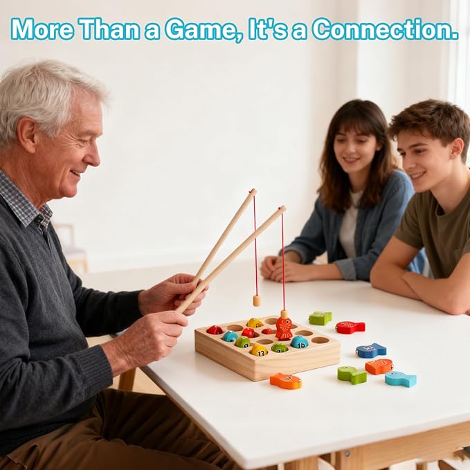 Dementia Therapy Wooden Magnetic Fishing Game for Seniors - Alzheimer's Cognitive Activities & Memory Recall Tools, Fine Motor Skill Training for Elderly Patients