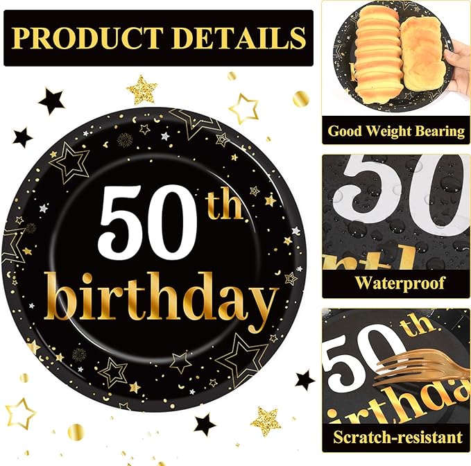 Qyeahkj 48Pcs 50th Birthday Paper Plates and Napkins Black and Gold Happy Birthday Party Decorations Cheers to 50 Years Party Supplies 50 Years Old Disposable Tableware Set for Women Men Serve 24