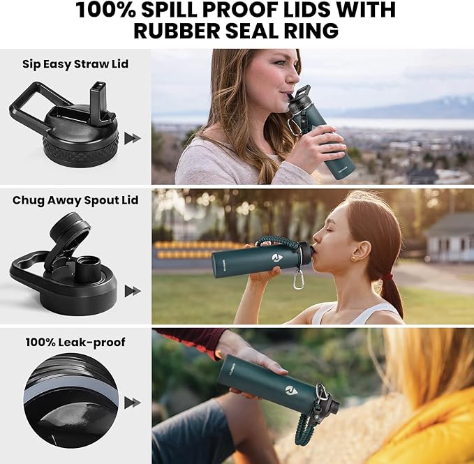 RAYMYLO Insulated Water Bottle 24oz, Triple Wall Vacuum Stainless Steel (Cold for 24Hrs, Hot for 12Hrs), Leak Proof & Non-BPA, 24oz Hydro Water Flask with Paracord Handle & Straw Spout Lids