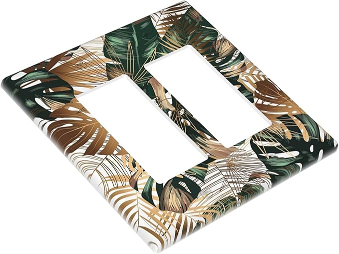 Green Tropical Leaves Gold Palm Leaf Botanical 2 Gang Rocker Decora Light Switch Covers Decorative Unique Dual Outlet Covers Wall Plate Electrical Faceplate Switchplate GFCI for Kitchen Bedroom